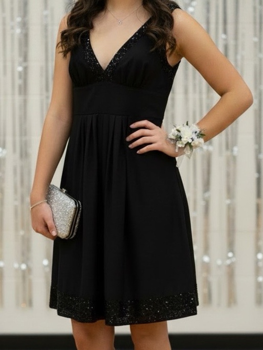 Guess by Marciano Black V-Neck Sleeveless Above Knee Dress with Beaded  Trim